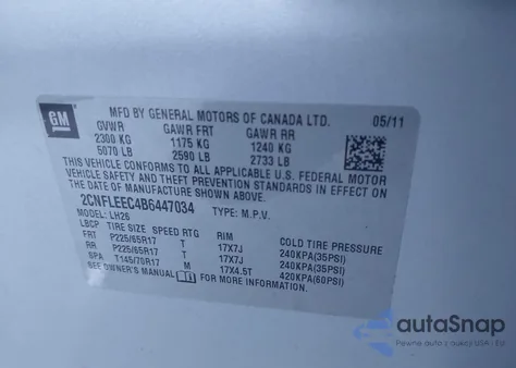 2011 Chevrolet Equinox 1Lt из США, поврежденный, VIN 2CNFLEEC4B6447034